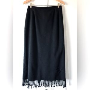 Black fringe, midi, straight skirt Back slit 100% wool fully lined W29 Hip 40